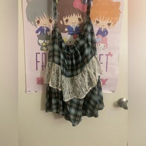 HOT TOPIC BLUE PLAID SUSPENDER SKIRT WITH LACE XL